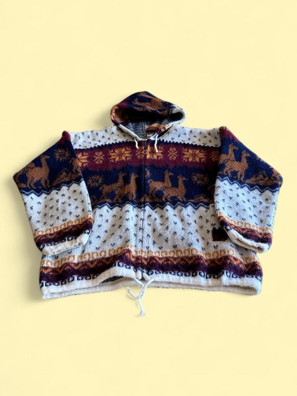 Vintage Yari Artesanias Wool Llama Fair Isle Hooded Sweater Women’s S